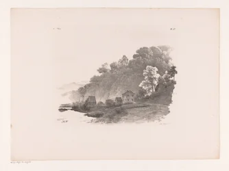 Paisaje montañoso con río, camino rural y casas. Estudios de paisaje sexta entrega (título de la serie)