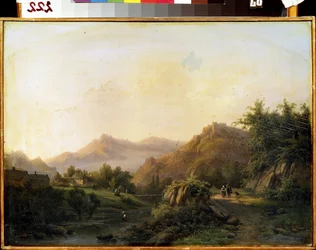 Paisaje con un camino. Pintura de Barend Cornelis Koekkoek (1803-1862). Óleo sobre tela. arte holandés. Museo de Arte M. Kroshitsky, Sebastopol (Sebastopol), Ucrania