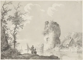 Paisaje fluvial con torre y pescador