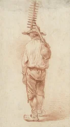 Agricultor de pie con rastrillo y jarra sobre el hombro, visto desde atrás