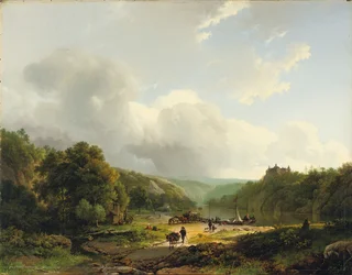 Descargando la barcaza en un paisaje ondulado, 1831