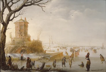 Escena de invierno con figuras en el hielo