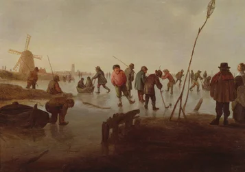 Figuras patinando en una vía fluvial congelada, siglo XVII