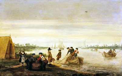 Escena fluvial con pescadores tendiendo redes