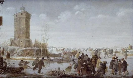 Patinadores y figuras elegantes con trineos tirados por caballos en un río congelado junto a una torre