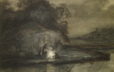 Paisaje nocturno con un río y pastores