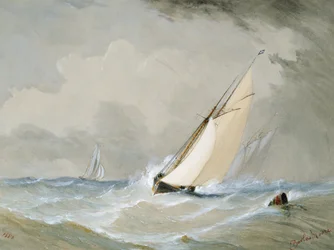 Miranda trabajando desde el barco faro Weilingen en un fuerte viento - Ostende 1880