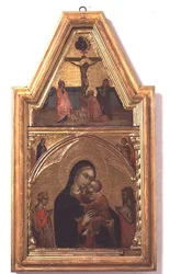 Madonna y Niño con San Juan Bautista y Santa Catalina, con escena de crucifixión arriba