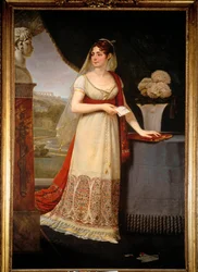 Retrato de cuerpo entero de Josefina de Beauharnais (1763-1814). Ella mira un busto que representa a su hijo, Eugene Rose de Beauharnais, llamado el Príncipe Eugene (1781-1824), en Malmaison. Pintura de Antoine Jean Gros (1771-1835)