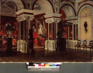 Salón. Descripción de la arquitectura y la decoración (mobiliario, pintura). Pintura de Ernest Karlovich Liphart (1847-1932), óleo sobre lienzo