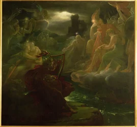 Ossian invocando a los espíritus en las orillas del río Lora con el sonido de su arpa, 1801