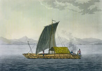 Una balsa que sale del puerto de Guayaquil, Ecuador, de «Le Costume Ancien et Moderne», volumen II, lámina 9, de Jules Ferrario, grabada por Paolo Fumagalli, publicada hacia las décadas de 1820-30