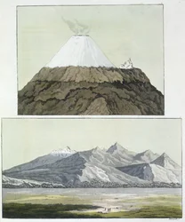 Cumbre del Cotopaxi (arriba) y la erupción del Cotopaxi, 1803 (abajo), de «Le Costume Ancien et Moderne», volumen I, de Jules Ferrario, publicado hacia las décadas de 1820-30