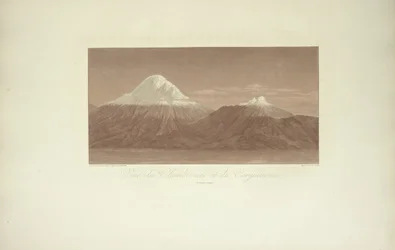 Vista del Chimborazo y del Carguairazo, dibujada por Gmelin, grabada por Arnold, ilustración de «Vues des Cordillères et Monumens des Peuples Indigènes de l