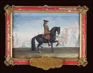No. 39 Le Superbe, un caballo de la Escuela Española de Equitación realizando un movimiento de doma llamado Piaffe