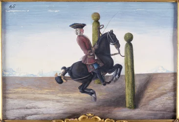 No. 46 Un caballo bayo de la Escuela Española de Equitación realizando un movimiento de doma llamado Croupade