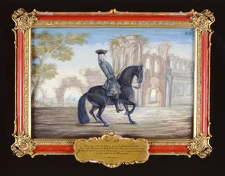 No. 52 Le Bienvenu, un caballo bayo oscuro de la Escuela Española de Equitación realizando un movimiento de doma