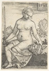 Judit, sentada desnuda con una espada en la mano derecha, mirando hacia la cabeza de Holofernes ..., 1523