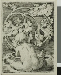 Niño desnudo, visto desde atrás sentado frente a un recipiente