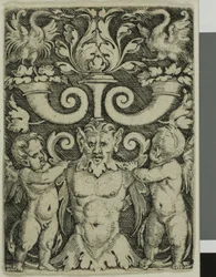Ornamento con un medio cuerpo masculino entre dos genios