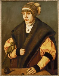 Retrato de mujer con loro (pintura sobre madera de tilo)
