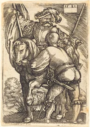 Portaestandarte a caballo y soldado de infantería