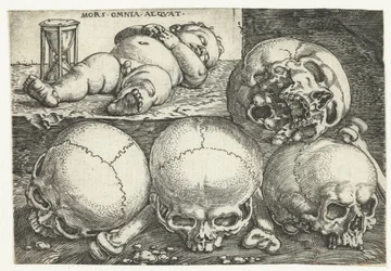 Niño dormido con reloj de arena y cuatro calaveras Derrame Omnia Aequat (título sobre objeto)
