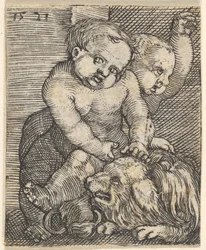Dos niños jugando con un perro