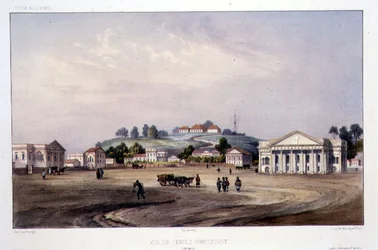 Vista de un Templo Protestante, Singapur, grabado por Alfred Leon Lemercier, c.1840