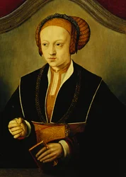 Retrato de una dama, supuestamente la princesa Sibila de Cléveris, de medio cuerpo, con traje negro, cadena de oro y un elaborado tocado, sosteniendo un libro y un capullo de rosa