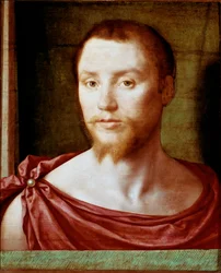 Retrato de hombre con el rostro antiguo de hombre rojo con barba de dos puntas (o de chivo), está cubierto con un taparrabos. Pintura sobre madera atribuida a Pseudo Félix Chretien (ca. 1510-1579). circa 1535-1550 Dim. 48x39 cm París, musee du Louvre - Ret