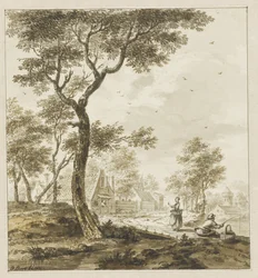 Paisaje con figuras y un pescador a la derecha