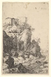 Cascadas cerca de Ponte della Trave, con edificios en un saliente rocoso arriba, de la serie..., 1639.