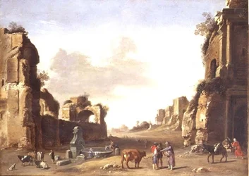 Ruinas clásicas con campesinos abrevando sus animales