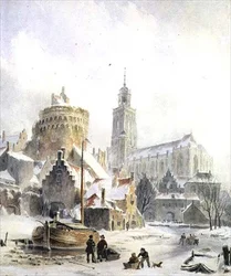 Niños jugando en un río congelado, Catedral de Deventer al fondo