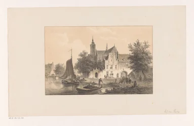 Paisaje urbano con río e iglesia.