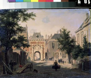 ""Vista de un pueblo holandés"" Escena callejera, un ama de casa regresa del mercado, las cestas cargadas. Pintura de Bartholomeus Johannes van Hove (1790-1880) Museo de Arte Mikhail Kroshitsky del siglo XIX, Sebastopol (Sebastopol) Ucrania
