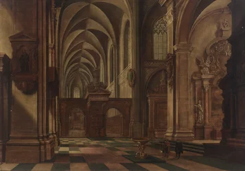 Interior de una iglesia católica, con figuras y un perro junto a una pila bautismal en primer plano.
