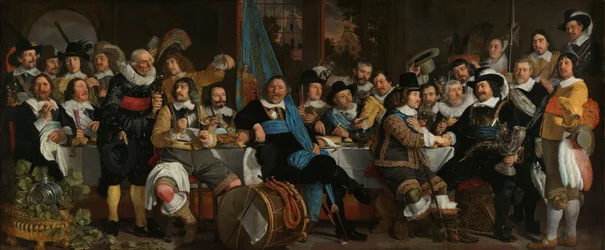 Banquete en el Gremio de Ballesteros en Celebración del Tratado de Münster
Celebración de la Paz de Münster, 18 de junio de 1648, en la sede de la Guardia Cívica de Ballesteros (Guardia de San Jorge), Ámsterdam