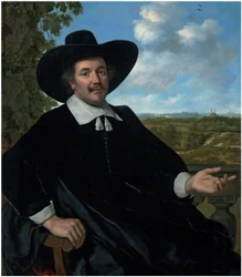 Retrato de Gabriel Marselis, de tres cuartos, sentado, ante una balaustrada, un paisaje con una casa de campo y una vista lejana de Haarlem más allá.
