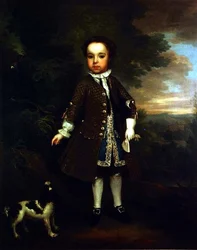 Retrato de un niño pequeño con un spaniel y un loro