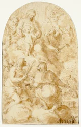 Virgen María con el niño Cristo en las nubes