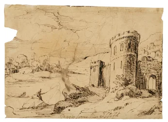 Paisaje fluvial con un pescador cerca de un castillo