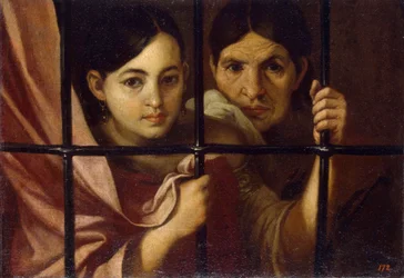 Deux femmes derriere une grille (Dos mujeres detrás de una reja) - Pintura de Bartolome Esteban Murillo (1617-1682), óleo sobre lienzo