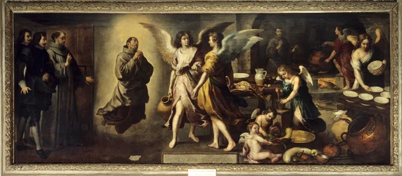 La cocina de los ángeles representación del monje franciscano San Diego de Alcalá en éxtasis, ángeles a la derecha ocupados en la cocina