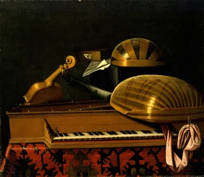 Naturaleza muerta con instrumentos musicales y libros, mediados del siglo XVII