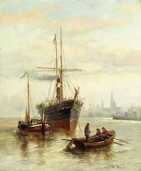 Una escena de puerto con vista de Venecia