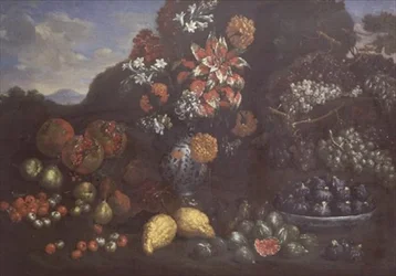 Flores en una jarra de maiolica con frutas en un paisaje