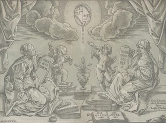 Alegoría de una tesis, dos mujeres sostienen tabletas inscritas, 1640