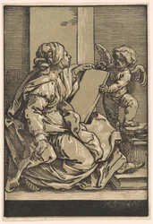 Sibila sosteniendo una tabla con un putto alado